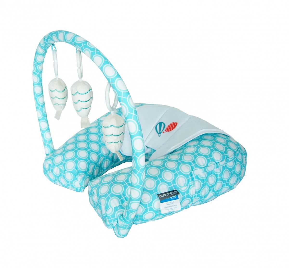 Babyhood 4 in 1 Nursing Pillow with Toy Bar - Turquoise Circles