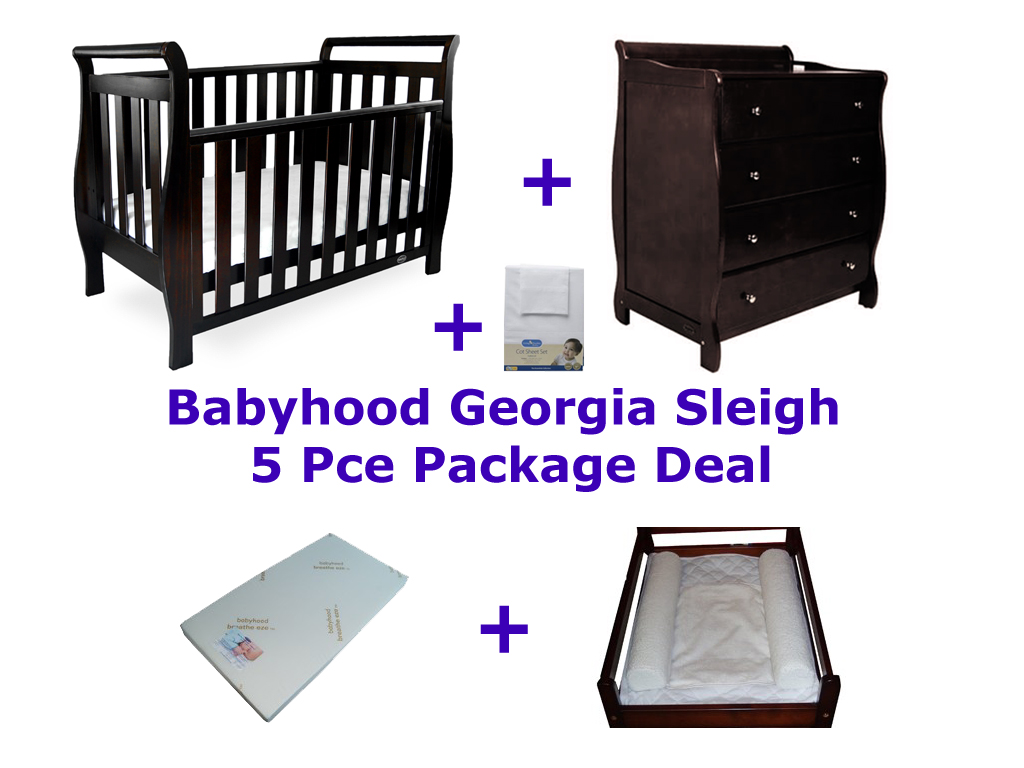 Babyhood Georgia Sleigh Cot 5 Pce Package Deal with Dresser English Oak