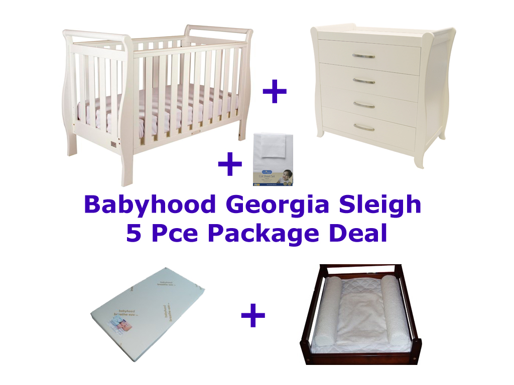 Babyhood Georgia Sleigh Cot 5 Pce Package Deal with Dresser White