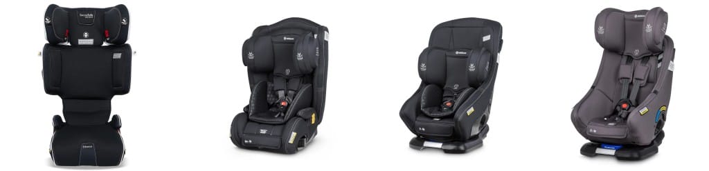 InfaSecure CafeTek Range comparison guide showing Attain Air, Achieve Air, Accomplish Air and Acclaim Air car seats