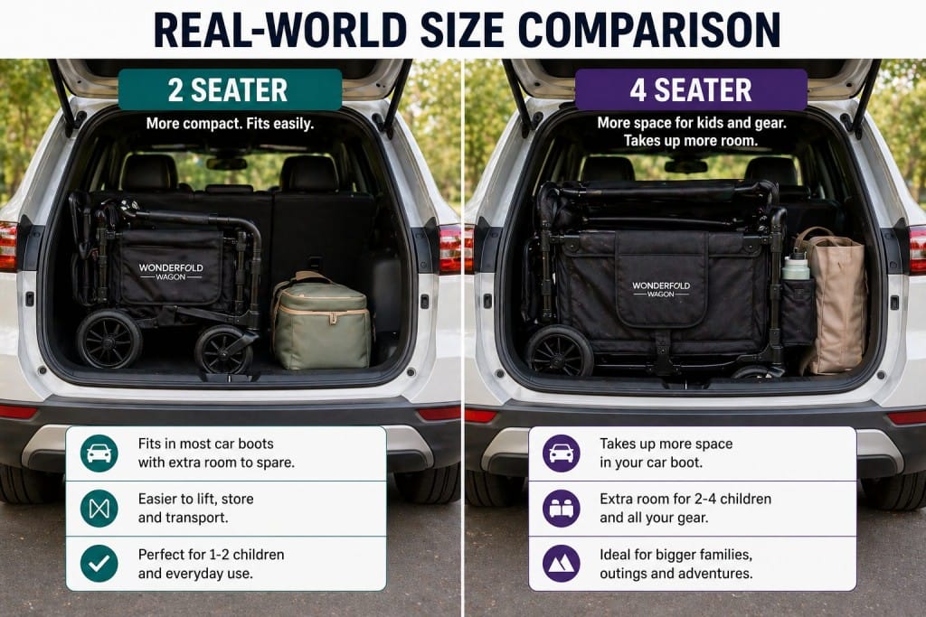 2 seater vs 4 seater stroller wagon size comparison in car boot