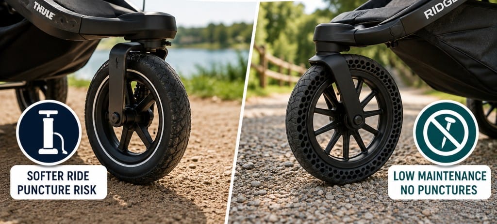 Air filled vs never flat pram tyres