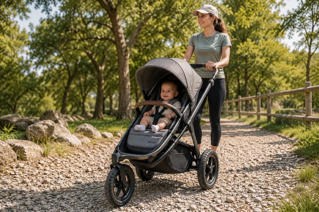 All terrain pram on gravel path