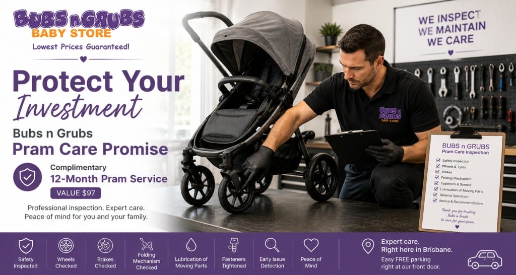 Bubs n Grubs Pram Care Promise with complimentary 12-month pram service including professional inspection and preventative maintenance for eligible prams and strollers.