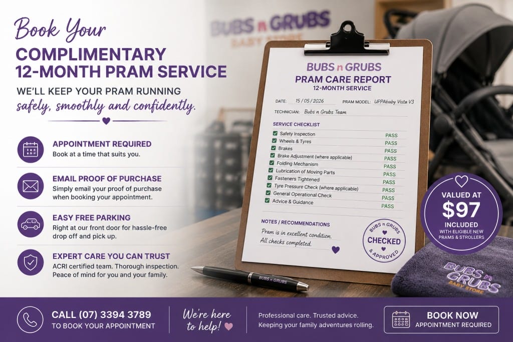 Bubs n Grubs Pram Care Promise showing a complimentary 12-month pram service report with inspection checklist and booking information for eligible prams and strollers.