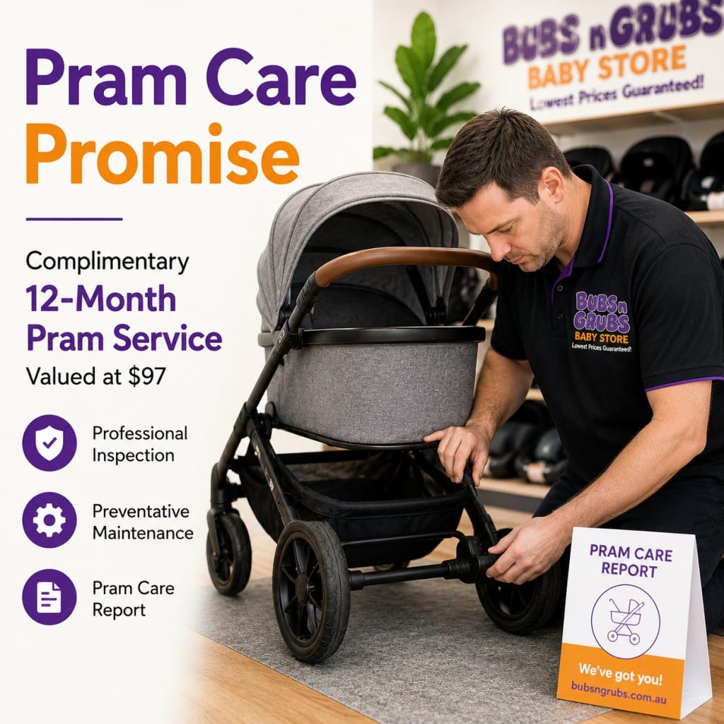 Bubs n Grubs technician professionally inspecting a baby pram during a complimentary 12-Month Pram Care Service.