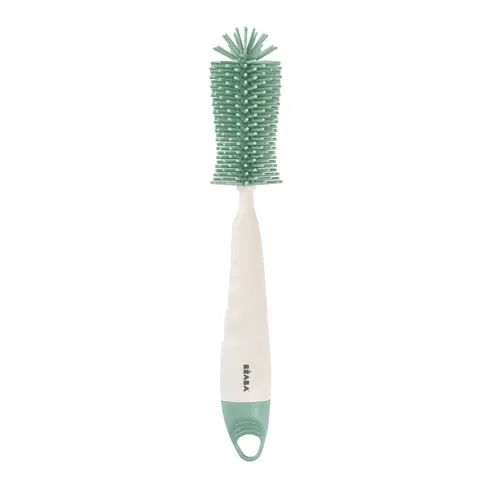 Complete Beaba silicone bottle brush in sage green with white handle and hanging ring
