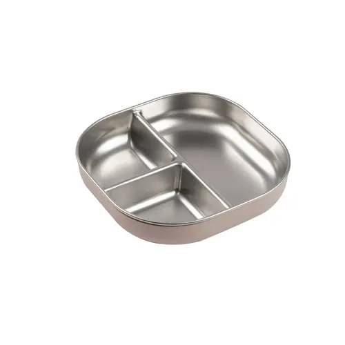 Beaba Stainless Steel Divided Plate Cotton Candy Angled View Beaba stainless steel divided plate in Cotton Candy with three compartments and silicone sleeve
