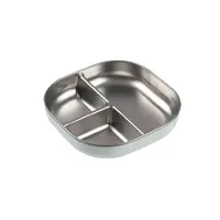 Beaba Stainless Steel Divided Plate Misty Green Angled View Beaba stainless steel divided plate in Misty Green with three compartments and silicone sleeve