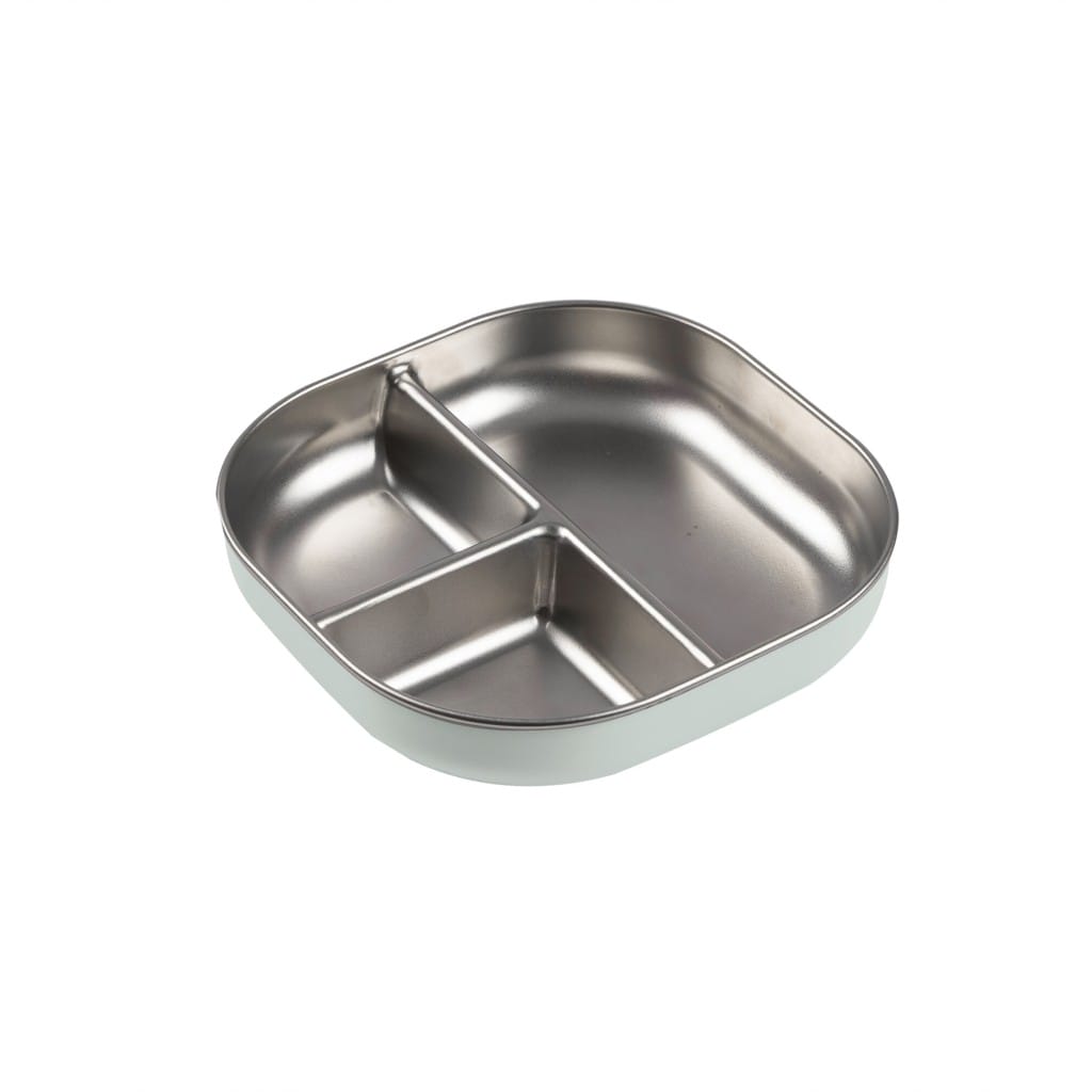 Beaba stainless steel divided plate in Misty Green with three compartments and silicone sleeve