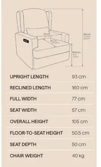 Key dimensions for GroTime Archer Electric Recliner Glider Chair