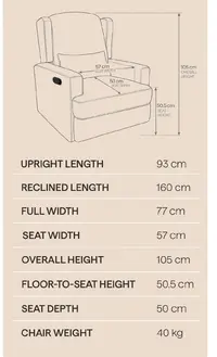 Key dimensions for GroTime Archer Manual Recliner Glider Chair