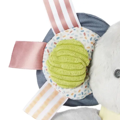 Skip Hop Bandana Buddies Elephant Activity Toy Textured Ear Detail Close-up of the Elephant activity toy textured ear and patterned fabric tabs