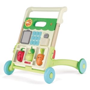Skip Hop Farmstand activity walker showing its play panel, handle and rear frame