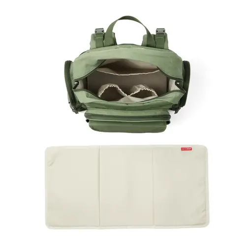 Skip Hop Luna Nappy Backpack Sage Interior And Changing Pad Open Skip Hop Luna Sage backpack with the included changing pad unfolded
