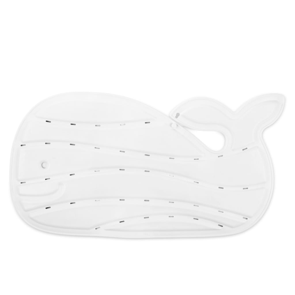 White Skip Hop Moby bath mat showing its whale shape and drainage slots