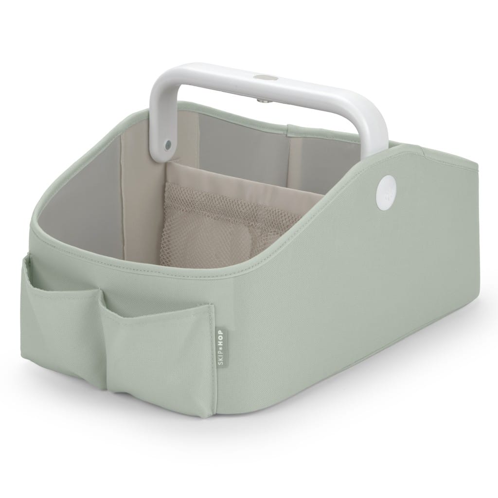 Skip Hop Sage light-up nappy caddy showing its handle, divider and front pockets