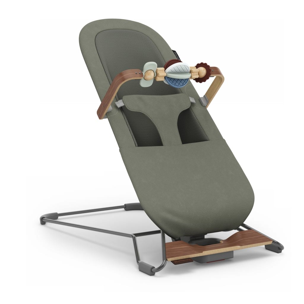 Uppababy Mira V2 3 In 1 Bouncer Maddie Green Soft Knit Walnut Three Quarter Right Toy Bar